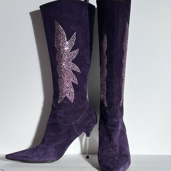 Charles David Purple Suede Pink Swarovski Western Cowboy High Heel Boot Sz 8.5 - Picture 3 of 14
